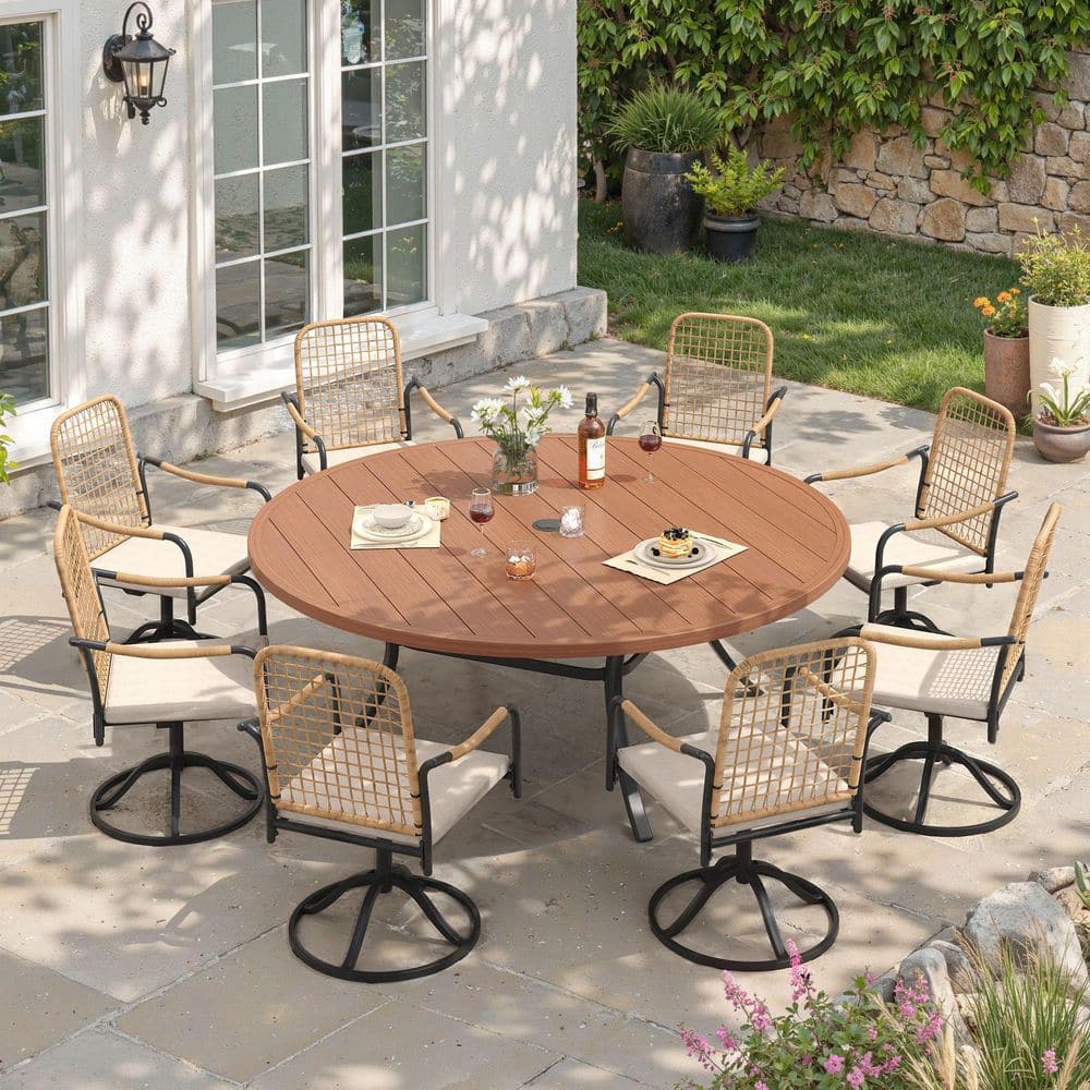 9-Piece Metal Outdoor Dining Set with 63 in. Walnut Round Table and 8 Swivel Wicker Chairs with Beige Cushions price history on PriceWatchPro