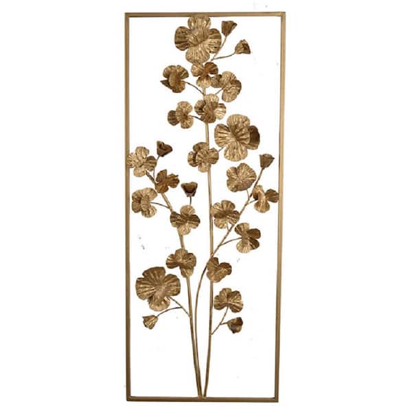 Tatahance 12 in. x 30 in. Gold Metal Rectangular Tree Flower Wall Decal