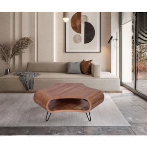 37 in. Natural Brown and Black Hexagon Acacia Wood Handcrafted Curved Coffee Table with Open Shelf