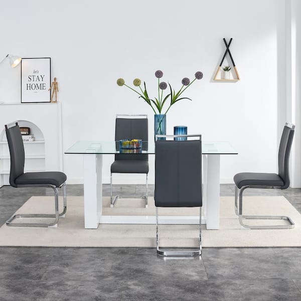 Modern Rectangle White Glass 61.81 in. Sled Dining Table Seats for 6