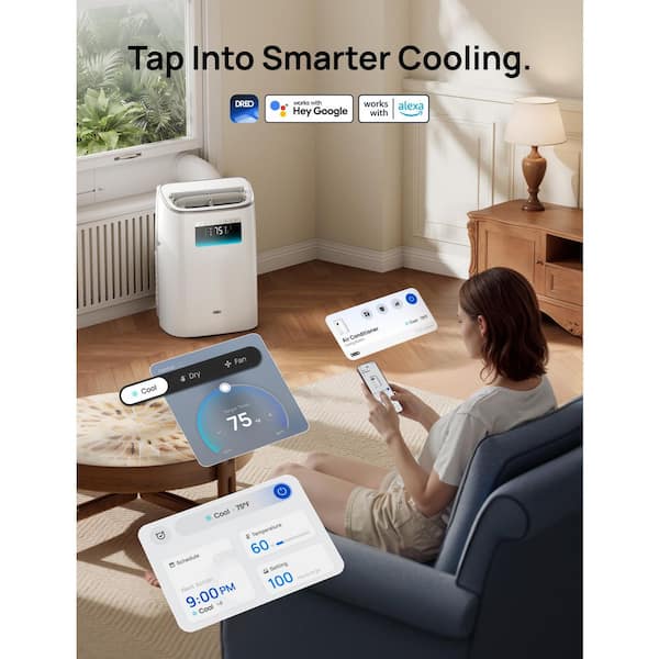 8,000 BTU Smart Portable AC Unit with Drainage-free Cooling, Remote, 45dB Quiet 200 sq. ft. w/Fan in White