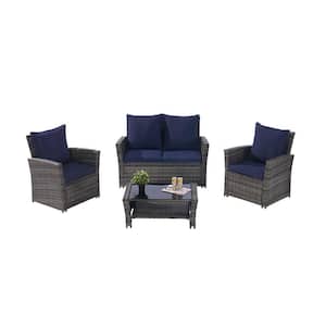 4 Pieces Outdoor Patio Furniture Sets Garden Rattan Chair Wicker Set with Dark Blue Cushions