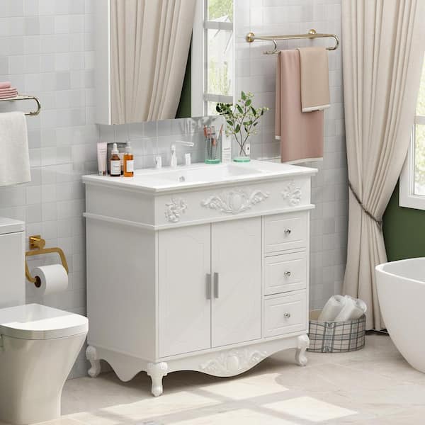 FUFU&GAGA 35.4 in. W x 19.1 in. D White Ceramic Vanity Top Bath Vanity Cabinet Vanity Top with Basin, Sink, 2 Doors and 3 Drawers