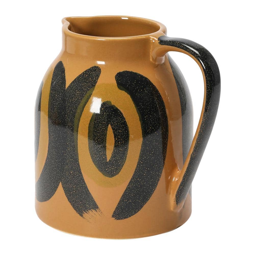 Hand-Painted Brown and Black Stoneware Pitcher with Handle