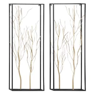 Metal Gold Branch Tree Wall Decor with Black Frame (Set of 2)