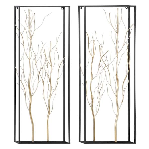Litton Lane Metal Gold Branch Tree Wall Decor with Black Frame (Set of 2)
