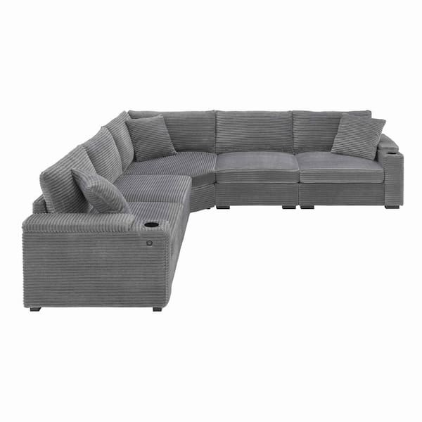 106 in. Square Arm Corduroy Sectional Sofa with Armrest Storage, Cup Holders, USB Charger in. Gray
