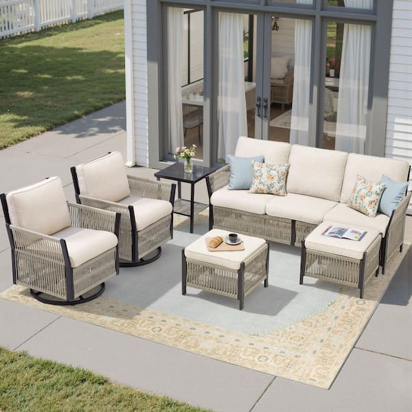6-Pieces Wicker Outdoor Patio Conversation Set, Including Sofa, Swivel Chairs, Footstools,Side Table with Beige Cushions