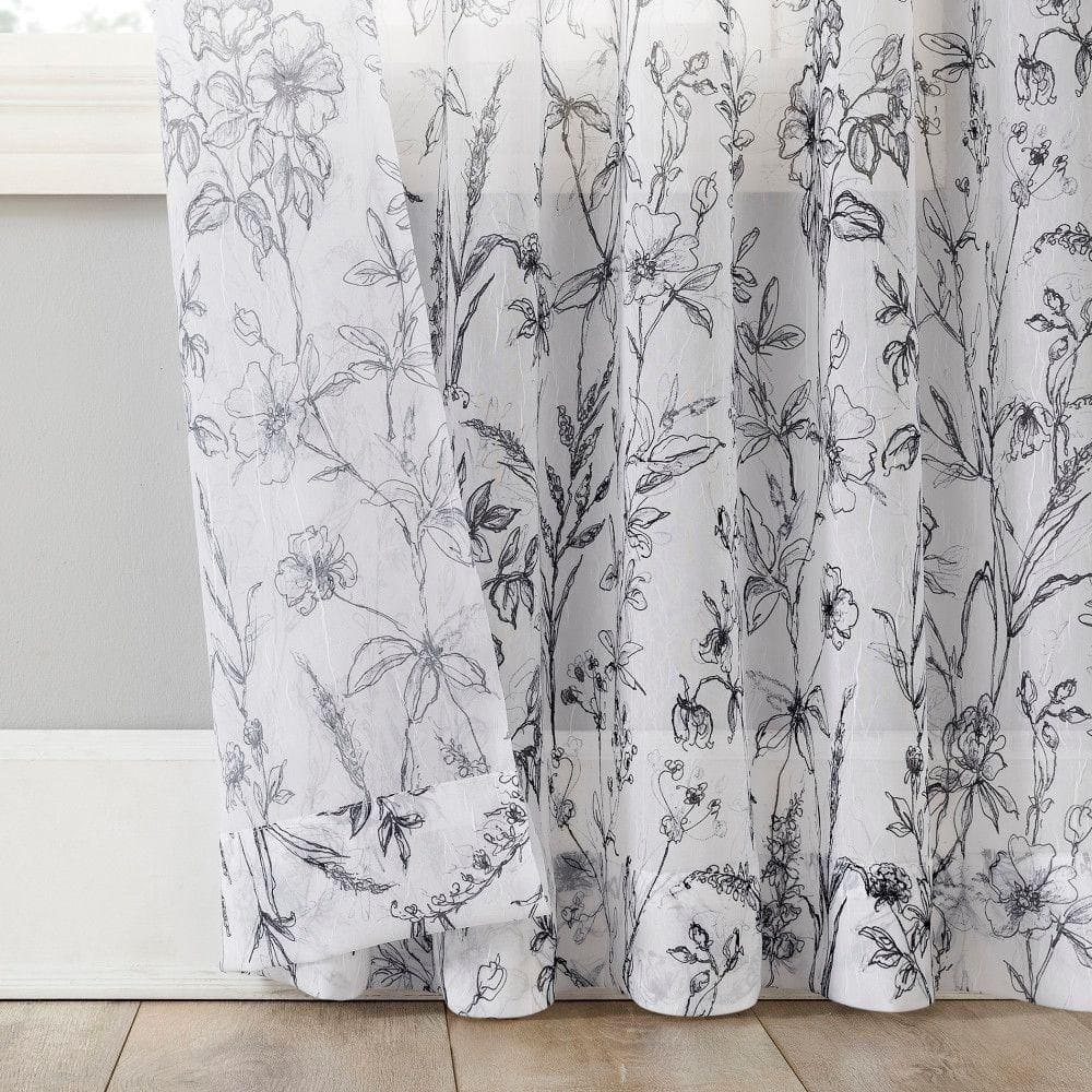 Black and White Vintage Floral Sheer Curtain Panel 51" x 84"