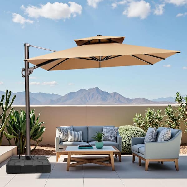 10-foot hanging offset cantilever patio umbrella with crank and tilt 10 Feet Patio Offset Umbrella with 112 Solar-Powered LED Lights Beige
