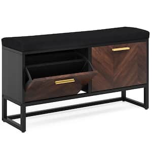 24 in. H x 39 in. W Brown and Black Wood Shoe Storage Bench with Cushion and Drawers for Entryway