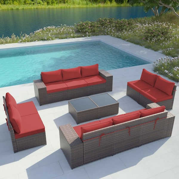 Halmuz 12-Piece Wicker Outdoor Sectional Set with Cushion Red