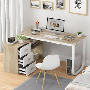 55.1 in. L-Shaped Beige Wood Executive Writing Desk Computer Desk Workstation W/Removable Tabletop, Shelves, 3-Drawers