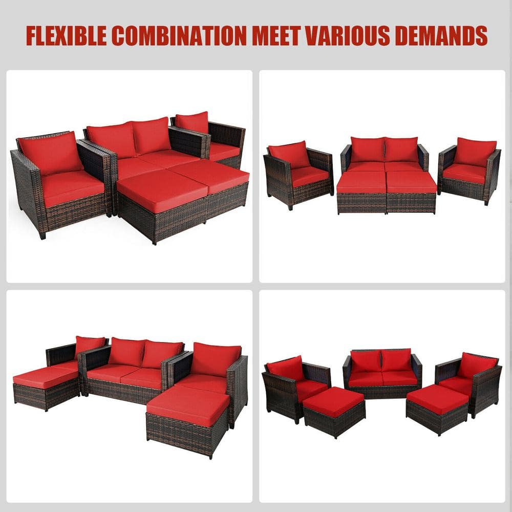 5-Piece Red Cushioned Rattan Patio Furniture Set with Ottoman