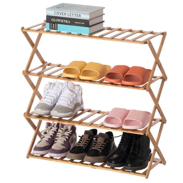 Foldable Bamboo Shoe Rack and Storage Shelf Multi-Purpose Wooden Organizer for Entryway, 4-Tier, Holds 12-Pairs