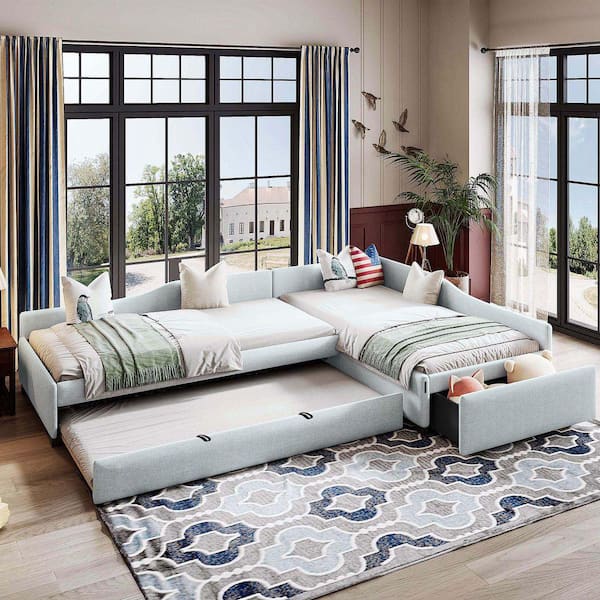 Beige Upholstered Double Twin Size Daybed with Trundle and Drawer