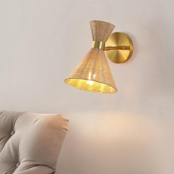 Zoey 10 in. 1-Light Light Brown/Brass Gold Wall Sconce Mid-Century Vintage Retro Rattan/Metal LED with Adjustable Shade