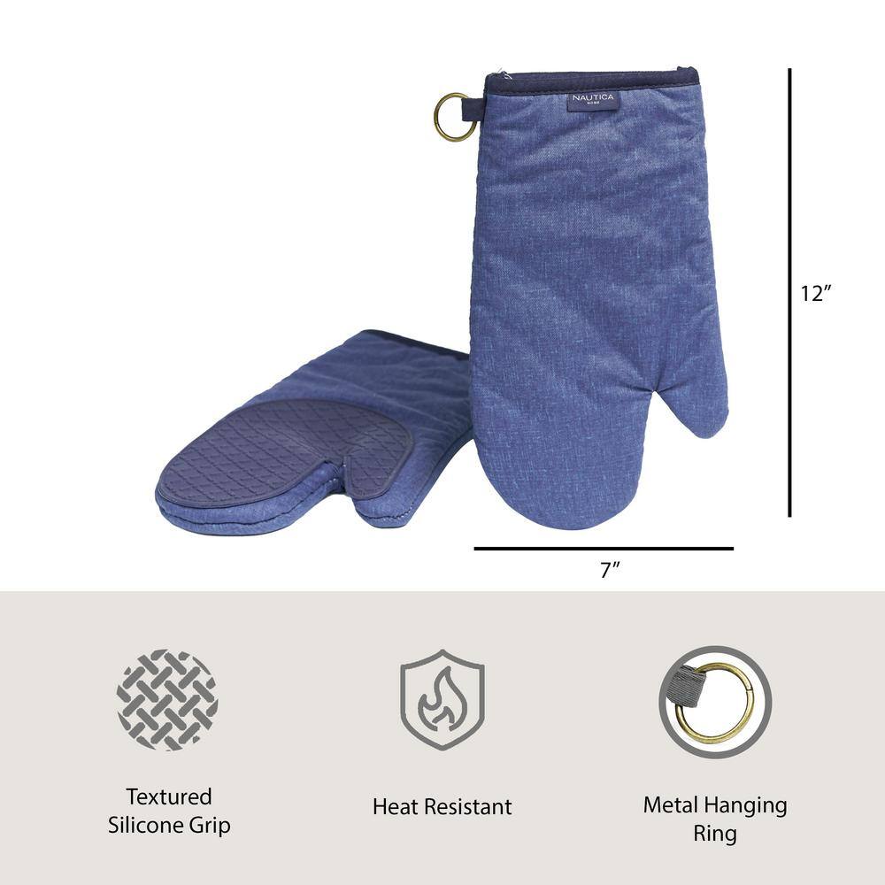 Navy Cotton Oven Mitts with Silicone Palm, Set of 2