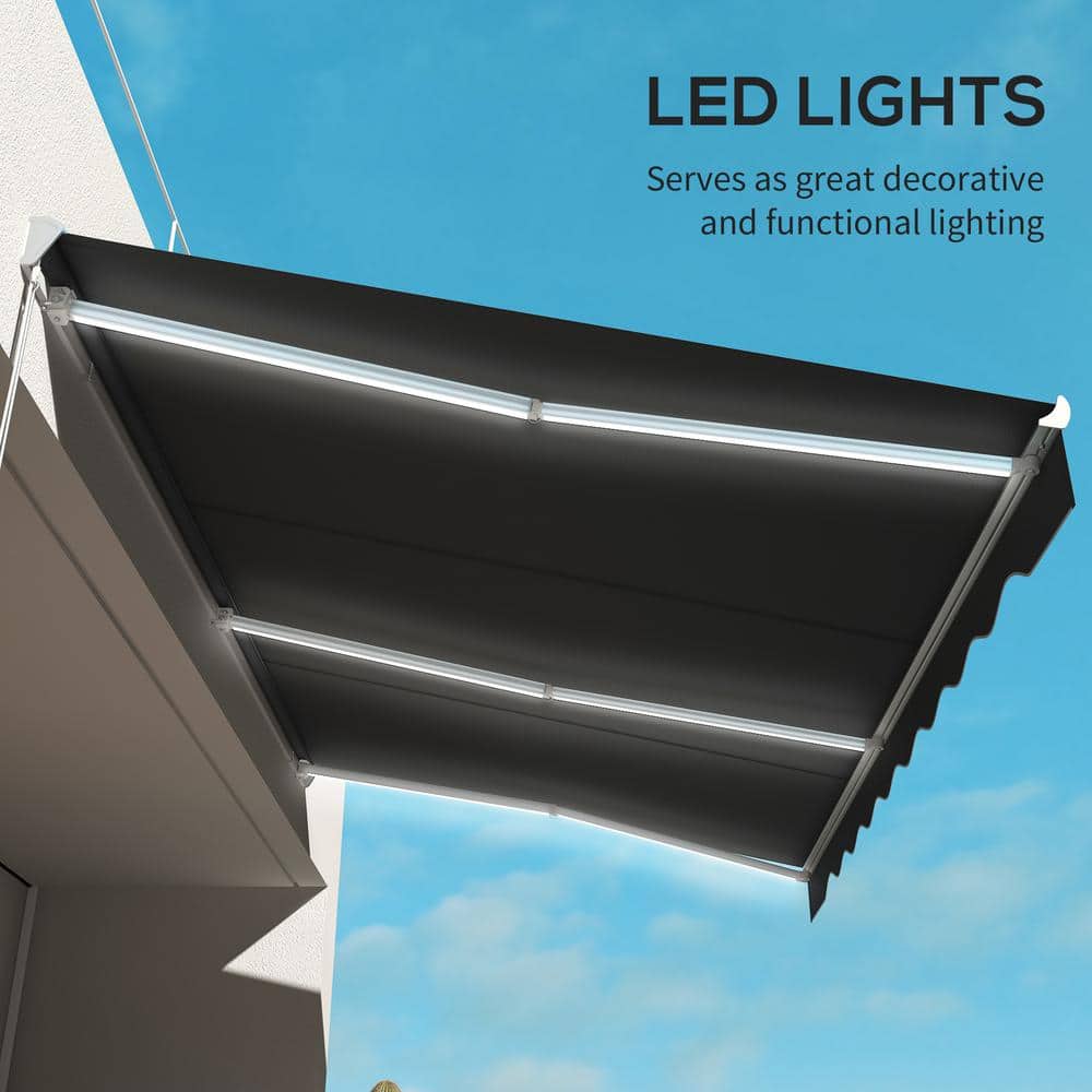 Dark Gray Polyester Electric Retractable Patio Awning with LED Lights