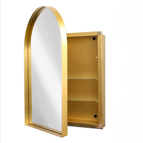 24 in. W x 36 in. H Arched Gold Iron Framed Wall Mount or Recessed Adjustable Shelves Medicine Cabinet with Mirror