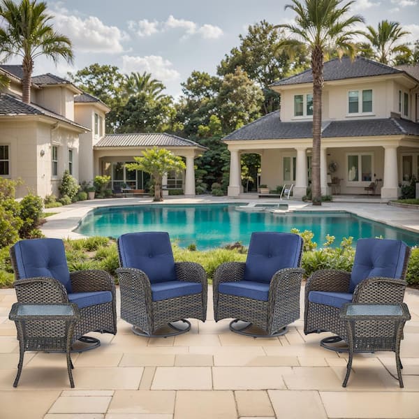 moosprr Farmhouse 6-Piece Brown Wicker Outdoor Rocking Chair with Olefin Blue Cushions and Swivel Glides / Side Tables