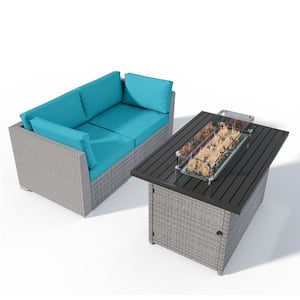 3 Piece Outdoor Wicker Loveseat with Removable Cushions and Fire Table, Light Blue