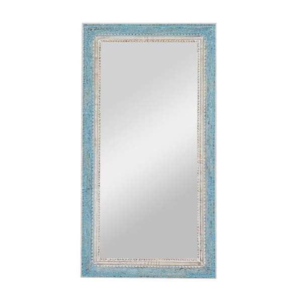 Litton Lane 60 in. x 32 in. Carved Rectangle Framed Blue Floral Wall Mirror