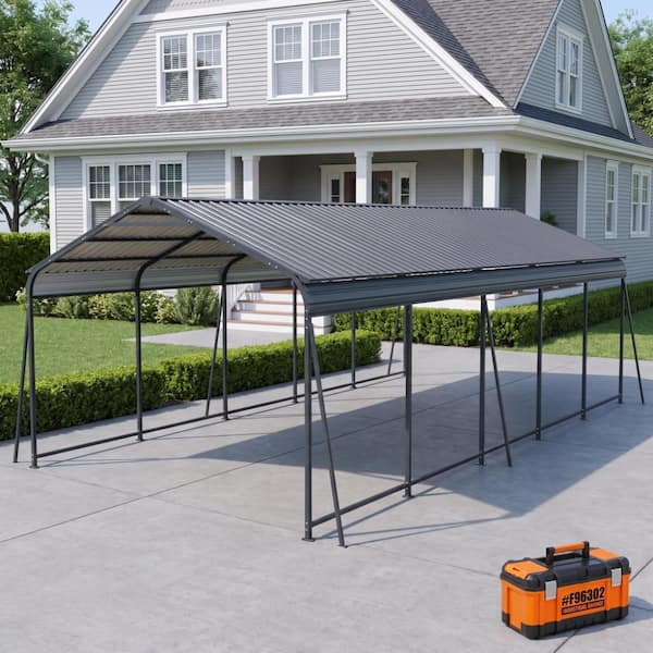 13 ft. x 26.5 ft. Heavy Duty Carport Canopy with Galvanized Steel Roof and Frame, Vertical Stripe Roof, 6 Fixed Supports