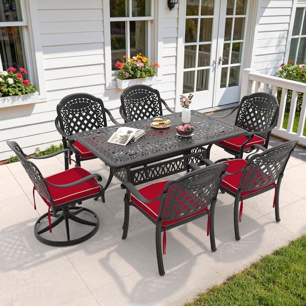 Isabella 7-Piece Cast Aluminum Outdoor Dining Set with Rectangular Table and Swivel Dining Chairs with Red Cushion