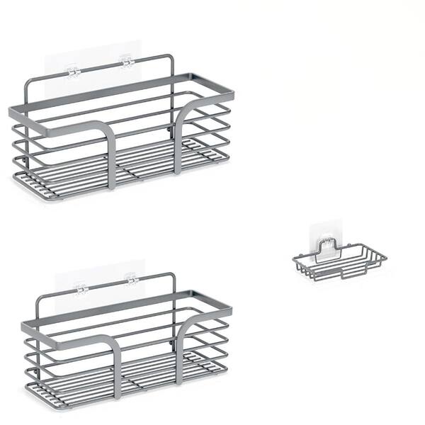 11.5 in. Stainless Steel Wall Mounted Shower Organizer with Soap Holder and Hooks in Dark Gray