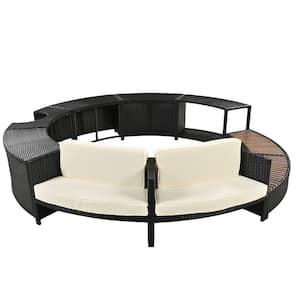 Black Wicker Rattan Metal Patio Outdoor Sectional Sofa Set with Beige Cushion, Storage Spaces for Patio, Backyard