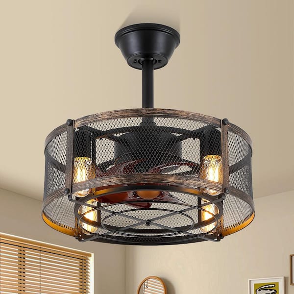 Kviflon 18 in. Indoor Caged Small Black Ceiling Fans with Lights and Remote Industrial Fandelier