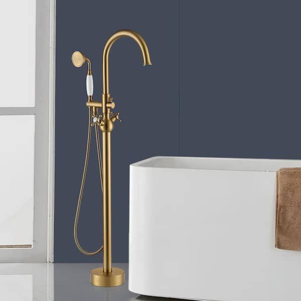 Satico 45-1/4 in. 2-Handle Freestanding Tub Faucet with Hand Shower Head in Brushed Brass