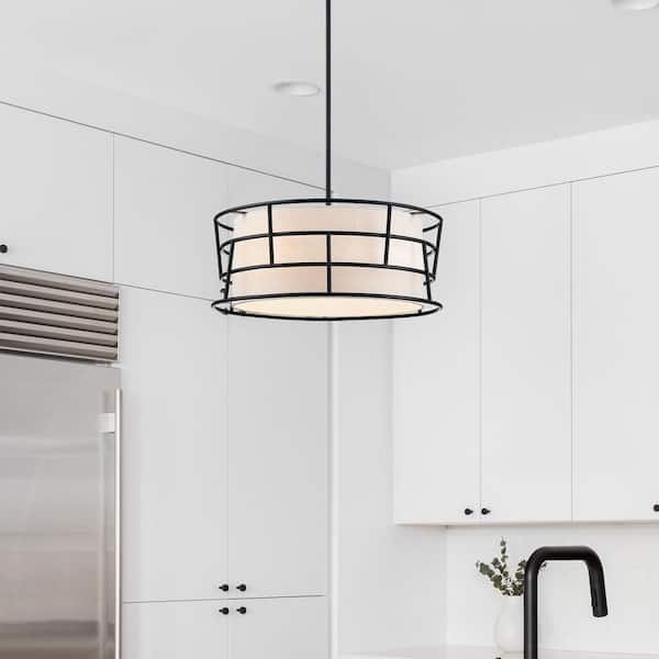 Designers Fountain Aria Falls 60-Watt 3-Light Matte Black Drum Pendant with Fabric Shade and Metal Outer Cage