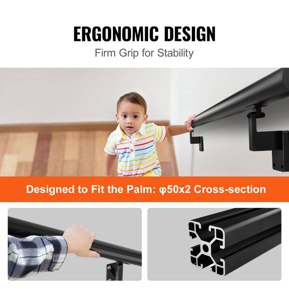 Black Aluminum Alloy Wall Mount Stair Handrail, 60" Length