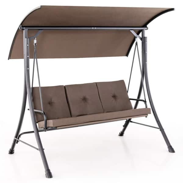 Kadehome 3-Person Outdoor Porch Swing with Adjustable Canopy and Padded Cushions in Brown