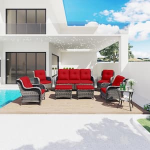 8-Piece Wicker Outdoor Patio Conversation Sectional Set with Red Cushions