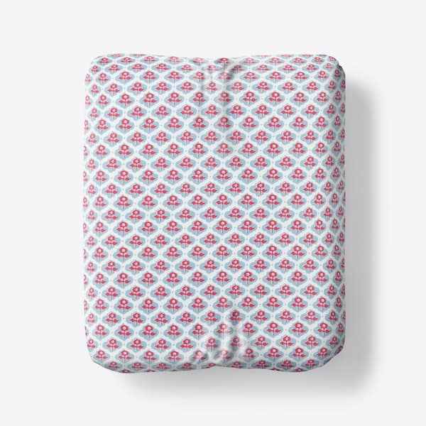 Company Cotton Mini Garden Block Blue/Pink Cotton Percale King Fitted Sheet