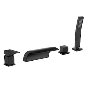 Single-Handle Deck Mount Waterfall Roman Tub Faucet with Hand Shower in Matte Black