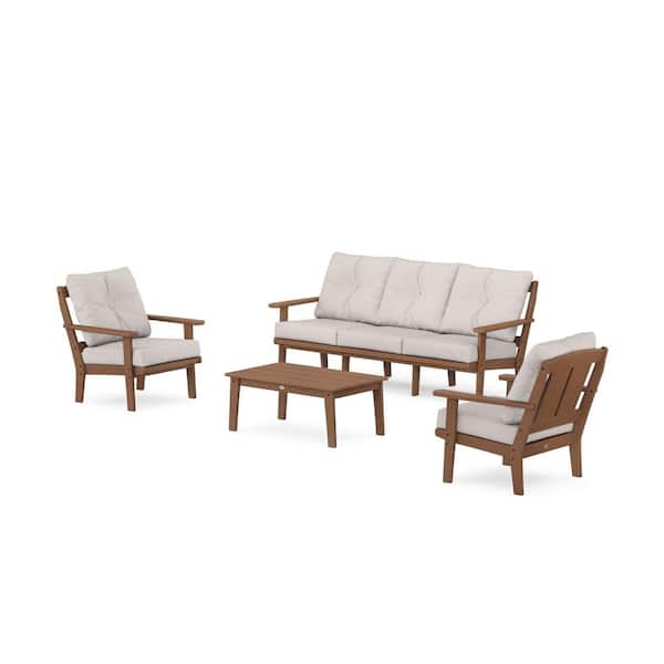 POLYWOOD Mission 4-Pcs Plastic Patio Conversation Set with Sofa in Teak/Dune Burlap Cushions