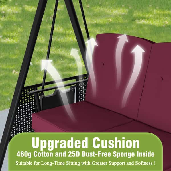 3-Person Metal Outdoor Patio Swing Chair with Convertible Canopy, Cushion and Side Tray Included, Wine