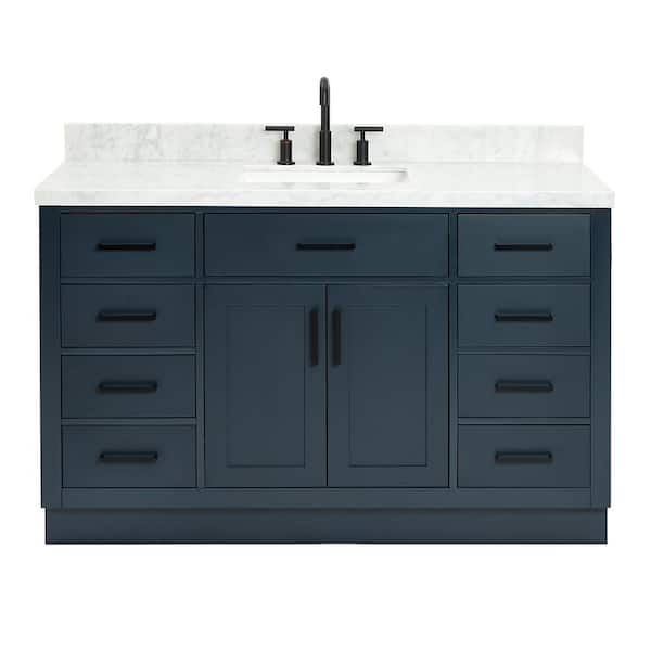 Hepburn 54 in. Single Sink Freestanding Bathroom Vanity in Midnight Blue with Carrara White Marble Top