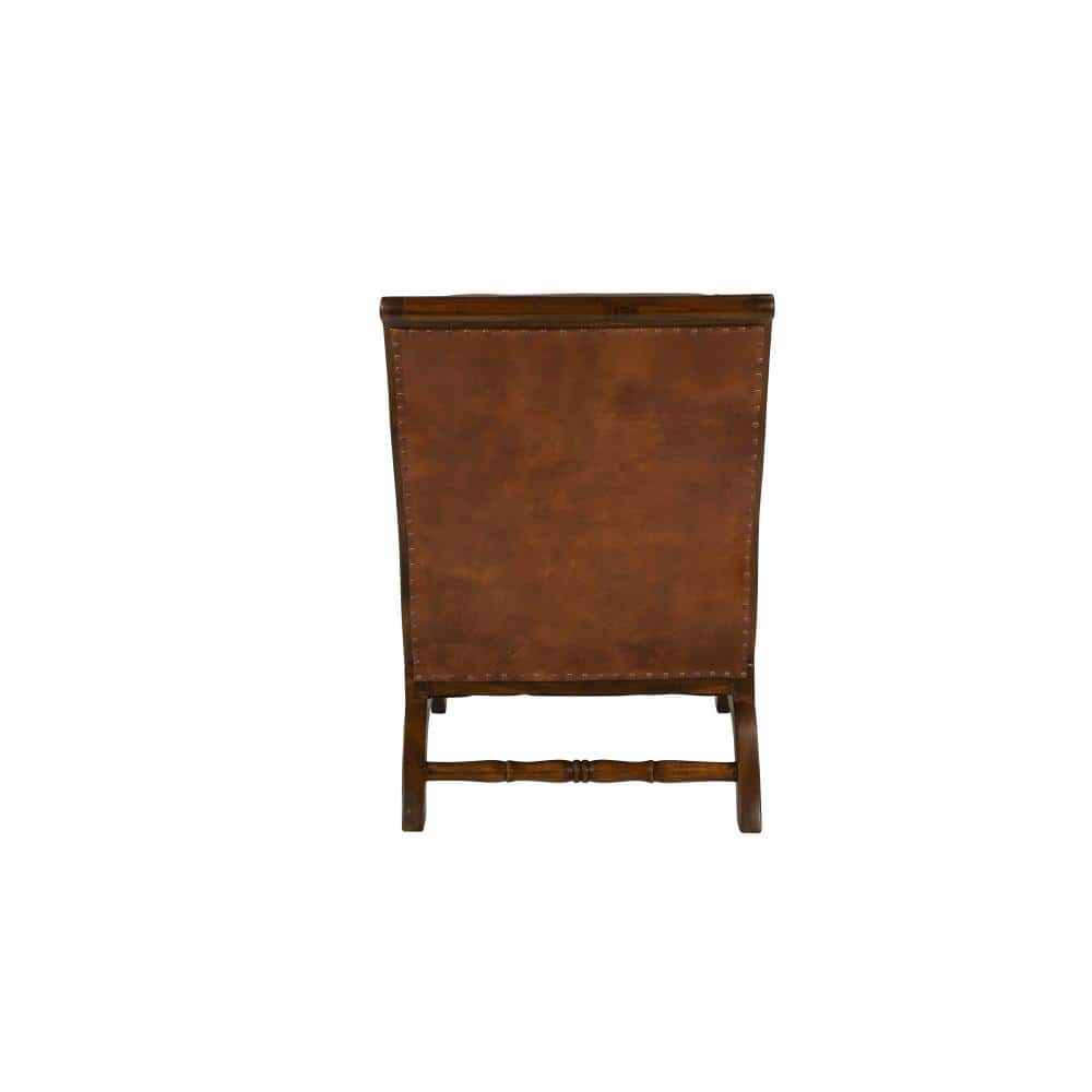 Handcrafted Brown Leather and Teak Wood Accent Chair with Ottoman