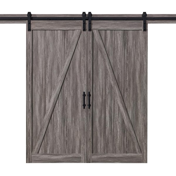 OVE Decors Cornwall 36 in. x 84 in. Textured Aged Wood Double Sliding Barn Door with Solid Core and U-Shape Soft Close Hardware Kit