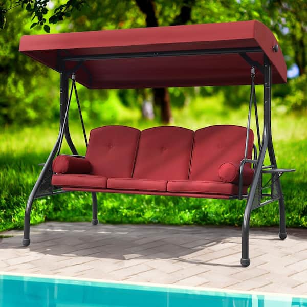 3-Seat Metal Outdoor Patio Swing with Stand, Adjustable Canopy, Foldable Side Trays, Cushions and Pillows, Wine Red