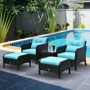 5-Piece Metal Frame Plastic Rattan Patio Conversation Set with Blue Cushions, 2 Chairs, 2 Ottomans, and Table