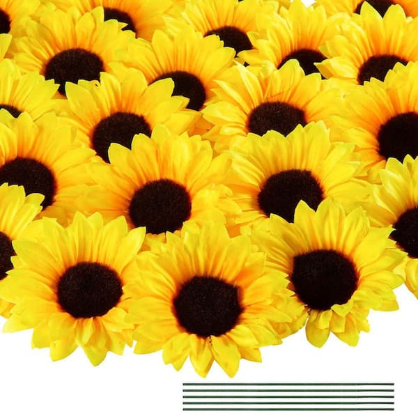 4 in. H Yellow Artificial Sunflower Silk Flower Heads with Stems for Baby Shower Wedding Handicrafts Home Decor 40pcs