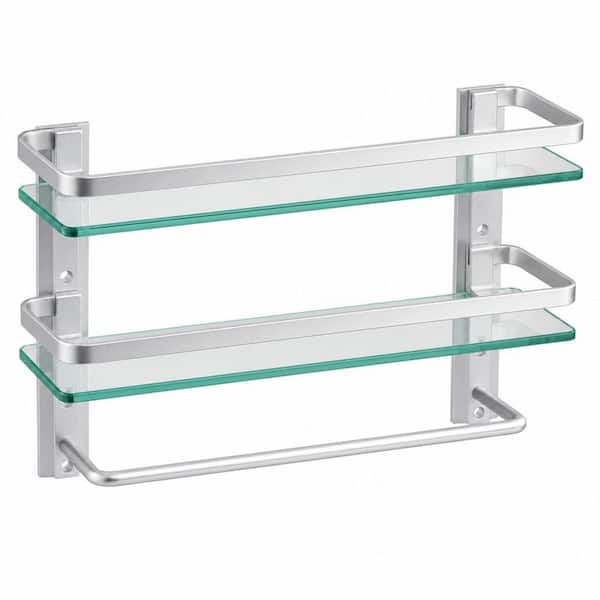 2-Tier 15.7 in. W 5.85 in. H x 4.88 in. D Glass Rectangular Shelf in Silver with Towel Bar, Rustproof Bathroom Organizer