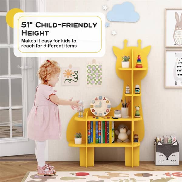 Costway 30 in. Wide Yellow 4 Shelves Giraffe Bookcase for Kids