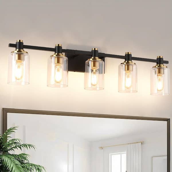 34.65 in. 5 Light Black and Gold Bathroom Vanity Light with Cylinder Clear Glass shades